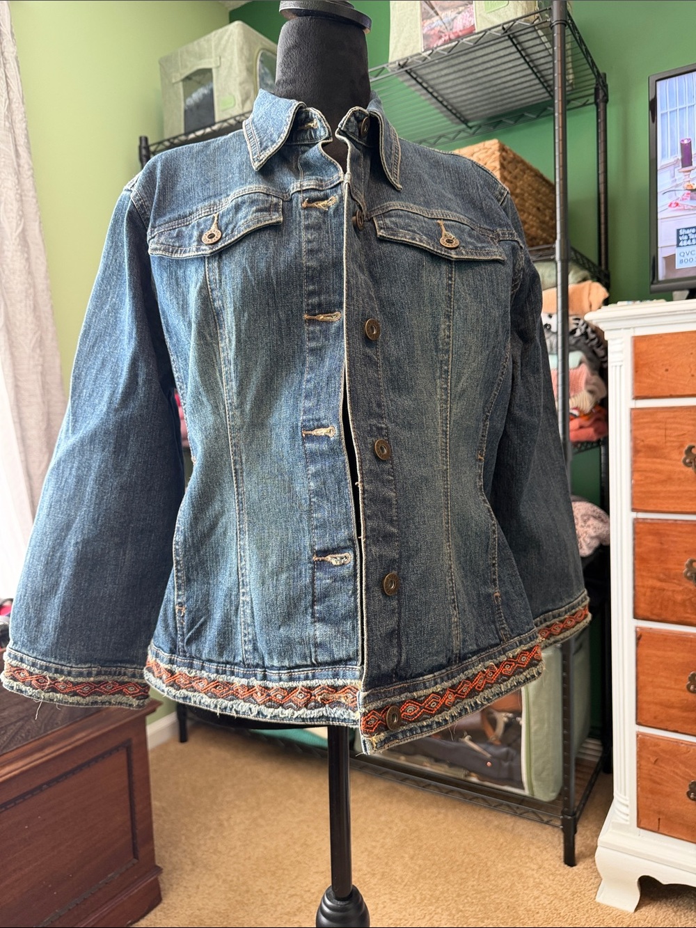 Liz Claiborne Blue Denim Jacket with Embroidered Hem